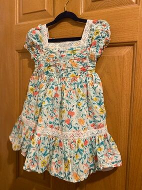 Kids Floral Tiered Dress with Lace Trim - White Multi